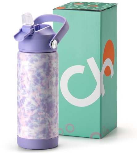 Choco Mocha Girls Water Bottle Kids Stainless Steel Water Bottle Metal Water Bottle with Straw Leak Proof Insulated Bottle for School BPA Free Double Wall 14/18 Oz,Purple Tie-Dye