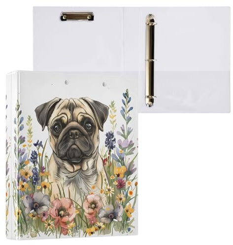 Ordner mit 3 Ringen, Mops in Wildblumen, mit Klemmbrett, Aktenordner für Büro, Schule, mit Tasche