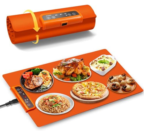 Preshwous Heating Mat for Food, Full Surface Food Warmer Mat, Silicone Warming Mat for Food with 3 Temperature and Timer, Roll-Up Food Heating Mat for Dinner Party 24'' x 15''