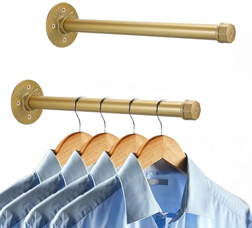 Sumnacon Kleiderstange aus industriellem Rohr, robust, rustikal, Metall, mit Schrauben, Wandmontage, für Schlaf-, Badezimmer, Kleiderschrank, Boutique, Bekleidungsgeschäft, Gold, 2 Stück, 35,6 cm