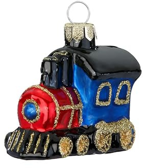 Christbaumschmuck Glas 6cm - Lokomotive Figur zum Aufhängen - handbemalt - Weihnachtsbaum Anhänger für Weihnachten - Christbaumanhänger & Weihnachtsbaumschmuck - Fahrzeug Eisenbahn Blau Rot