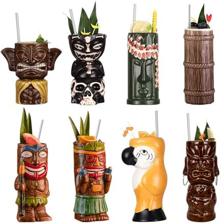 SUN GKOTTA Cocktail-Tiki-Becher-Set – niedliche Keramik-Cocktailgläser im hawaiianischen Stil für Party und tropische Tiki-Bar, Mai Tai Cocktail-Trinkgeschirr