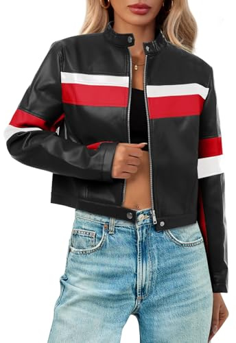 Tankaneo Womens Cropped Moto Biker Jackets Faux Leather Bomber Jacket Color Block Vintage Racing Coats