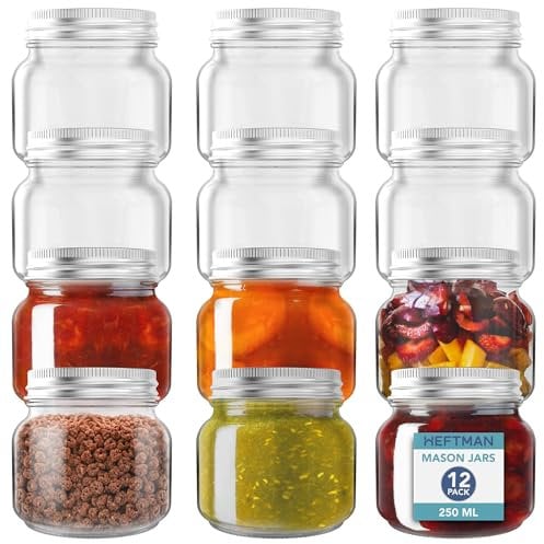 HEFTMAN Glass Mason Jars with Lids - Set of 12 250ml Air Tight Jars for Overnight Oats, Homemade Jam - Sturdy Glass Jars with Lids for Pickling, Preserving, Baby Food Storage (250ml)