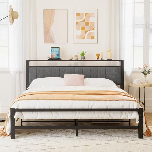ARFARLY King Size Bed Frame with Storage Headboard, Metal Upholstered Platform Bed Frame King Size/Under Bed Storage/No Box Spring Needed, Dark Gray King Bed Frame