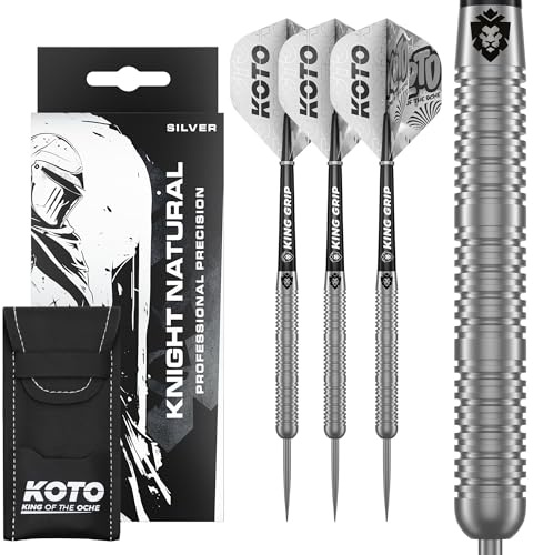 KOTO - Knight Natural 80% Tungsten Darts, 21G-24G, Dartpfeile, Inkl. 3 Barrels, 6 Flights & 6 Shafts | 24 G Steeldart Pfeile, Inkl. 3 Barrels, 3 Dart Flight & 3 Shaft, Messing Shaft, Silber, Straight