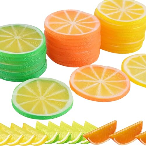 Xusxes 37 Stück Orangenscheiben Plastik, Künstliche Zitronenscheiben, Limetten Deko, Limetten Plastik, Künstliche Orangenscheiben, Künstliche Obst Scheiben, Zitronenscheiben Deko