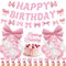 Bow Birthday Party Decorations Pink - 37 Pcs Coquette Birthday Decoration Glitter Happy Birthday Banner Cake Topper Pink Bow Foil Balloons for Girls Women Baby Shower Party Supplies