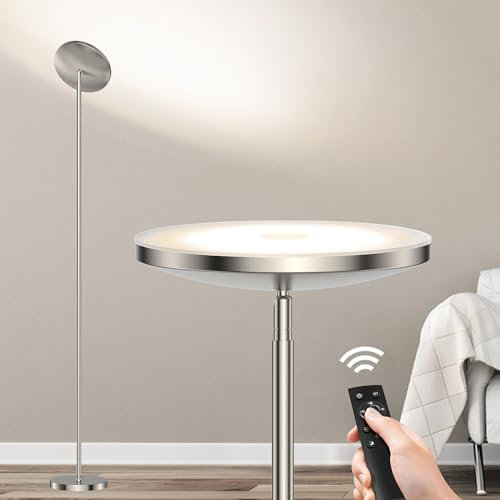 30W Dimmbare LED Stehlampe, 3000-6500K Stehlampe Wohnzimmer, Stehleuchte Deckenfluter LED mit Fernbedienung und Touch-Sensor, Moderne Standleuchten für Schlafzimmer Büro, Silber