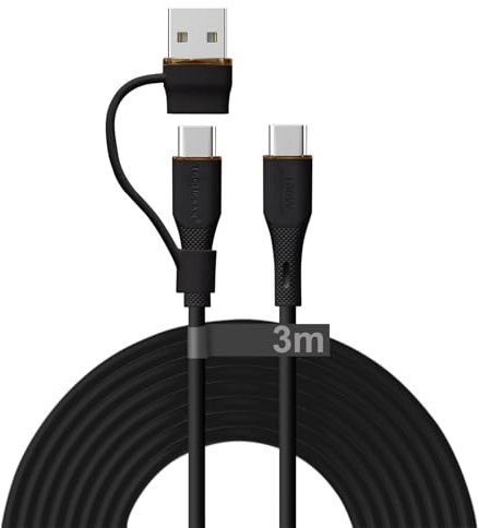 TECHGEAR 2in1 100W USB A/C to USB C SOFT SILICONE Charger Cable Fast Charging 5A Tangle Free, Compatible with MacBook Pro/Air, iPad A16 Air/Pro 2024, iPhone 17 16, Galaxy S25 S24, PS5, Switch (3M)