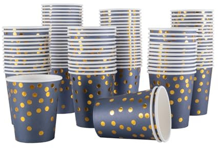 CEILIWEN 100-Pack 9oz (250ml) Navy Blue & Gold Foil Dot Party Cups - Elegant Royal Blue Paper Cups for Hot & Cold Beverages - Ideal for Weddings, Celebrations, and Events