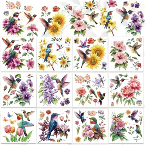 WEBEEDY 12 Blätter Frühlings Fensteraufkleber Vögel Für Glas Kolibri Blumen Rub On Transfer Aufkleber Für Bastelarbeiten Saisonale Fenstersticker Für Möbel Im Homeoffice