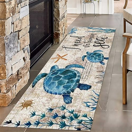 SMXVRC Blaue Schildkröte Wohnzimmer Teppich, 60x180cm, Vintage Navigation Kompass Seetang Bodenmatte, Komfortabel Dünn Haustierfreundlich Pflegeleichter Teppich für Bettseite Flur