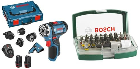 Bosch Professional 12V System Cordless Drill Driver GSR 12V-15 FC (2X Battery GBA 12V 2.0Ah, Charger GAL 12V-40) + 32pc. Screwdriver Bit Set (PH-, PZ-, Hex-, T-, TH-, S-Bit, Accessories)