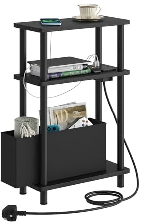 APICIZON Narrow Side Table, 3 Tier Bed Side Table, Slim End Table with Charging Station, for Living Room, Bedroom, Small Nightstand with Magazine Rack, Black(with a storage box and charging station)