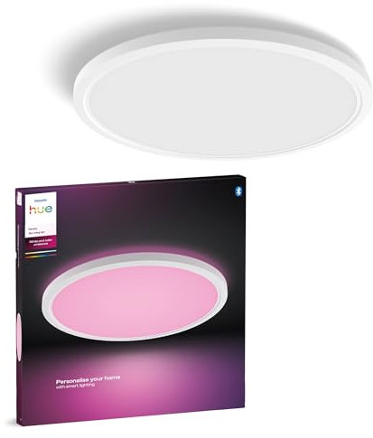 Philips Hue Devote Smart LED-Panel-Licht, weißes und farbiges Ambiente, rund 43 cm, 23 W, 2900 Lumen, weißer Rahmen für Innenbeleuchtung, Decke, Wohnzimmer, Küche, Flur