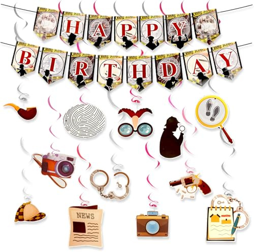 B5 Dedektiv Geburtstagsdeko Junge Mädchen, Top Girlande Geburtstag Banner Bunting Girlande und Hängende Dekoration Happy Birthday Banner Dekorationen, Anime Mystery Thema für Kindergeburtstag Party