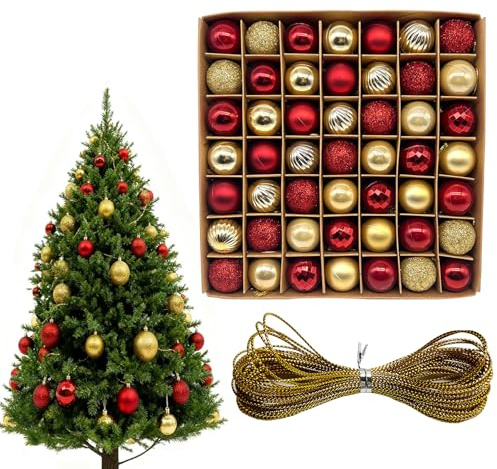 LIUYIDM Bolas Arbol de Navidad Juego de 49 Piezas Adornos para Arbol de Navidad de 3 cm Bolas Navideñas con 10 Metros de Hilo Dorado, Adecuado para Decoración Navideña (Oro Rojo)