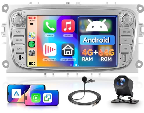 Hodozzy 4G+64G Android Radio para Ford Focus mk2 Mondeo C-MAX Galaxy S-MAX con Carplay Android Auto Mirrorlink Inalámbrico, Pantalla Táctil 7 Pulgadas 2 DIN con GPS, Bluetooth, WiFi DSP, Radio FM/RDS