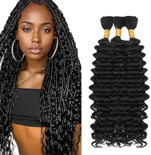 Tuheerst Deep Wave Bulk Hair For Braiding 1B Natural Black menschliches Haar 3 Bundles/Pack No Weft Premium Braiding Hair Extensions for Boho Braids With Minimal Tangle 22 22 22 Zoll