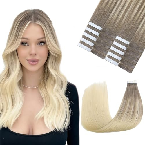 Sindra Tape in Extensions Echthaar Ombre 55cm #8T60 | Aschebraun Bis Platinblond, 20 Stück 50g, Tape Extensions Echthaar, Menschliches Haar, Natürliche Invisible Hair, 22 ZolI