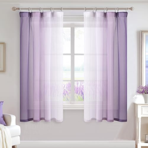 DWCN Lila Gardinen Wohnzimmer mit Kräuselband Farbverlauf H160 x B140 cm | 2er Set, Ombre Voile Vorhang Transparent mit Schienensystem, Luftig Dekoschal, für Fenster Kinderzimmer Schlafzimmer Mädchen