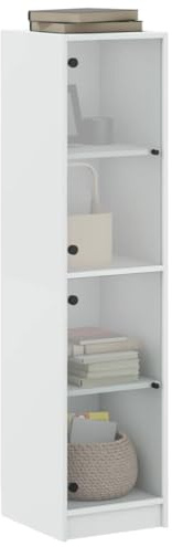 Highboard mit Glastüren, Platzsparende Aufbewahrungseinheit mit 4 Fächern, Freistehendes Präsentationsregal, Moderner Aufbewahrungsschrank für Wohnzimmer, Arbeitszimmer und (Weiß)