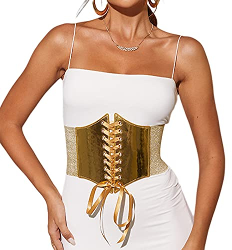 Vdaxvme Cinturón ancho de vestir dorado, corsé Y2k, corsé debajo del busto, dorado grande para mujer, elástico para cinchas de cintura, elástico, Dorado, talla única