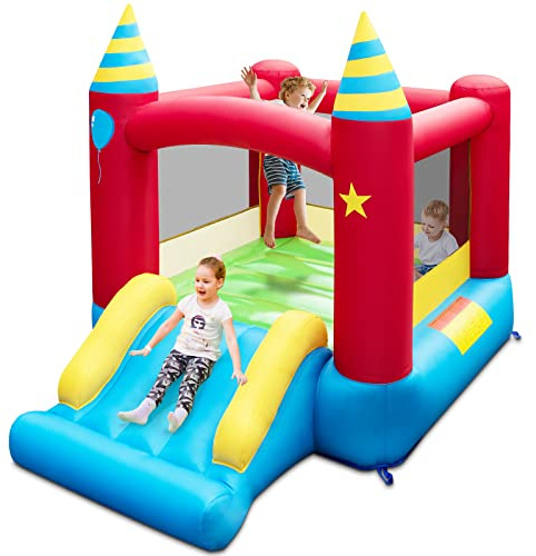 GYMAX Kids Bouncy Castle, Inflatable Jumping House with Slide & Carry Bag, Indoor Outdoor Children Bounce Playhouse for 3-10 Years Old Boys Girls (without Blower)