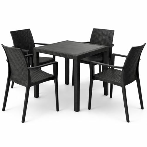 PALUPLUS Set Tavolo Quadrato con 4 Sedie Rattan in Plastica color Antracite, Misura Tavolino 79x79x72 cm, Sedia CON Braccioli, Arredo per Esterno, Terrazzo -KIN024F/DUK702F-23
