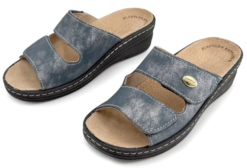 JOMIX Pantoufles Femme Confortables à Scratch Réglables Mules d'Été Anatomiques avec Semelle Amovible en Cuir Véritable Sandales Ergonomique Compensé pour Pieds Sensibles Larges ou Gonflés Bleu 40