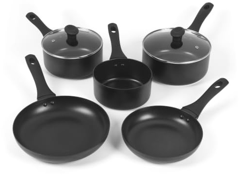 Salter Essentials Pan Set, 5-Piece Aluminium Nonstick Induction Suitable | 3 Saucepans 16/18/20 Cm With Tempered Glass Lids, 2 Frying Pans 20/24 Cm, Steam Vents, Soft Touch Handles, Black Finish