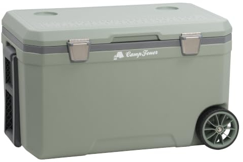 CampFeuer Kühlbox 70 Liter mit Rädern | Rollkühlbox, isolierte Kühlbox mit Griffen, fahrbare Cooling Box, Eisbox, Mini Kühlschrank | Thermobox, Snackbox, Eiskühler, Cooler Box für Auto Outdoor