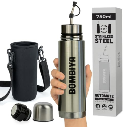 Mate listo 750ml con todas sus partes de acero inoxidable – Termo mate 2 en 1 cambiando su tapa es un termo clásico – Automate para tus mates argentinos o terere (Plateado)