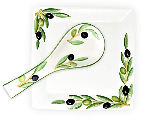 Lashuma 2er Set Handgemachte Keramik, Oliven Servierplatte 27 x 27 cm und Löffelablage aus Italienischer Keramik