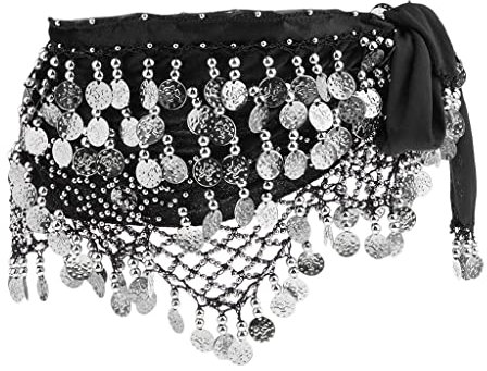 chiwanji Bauchtanz Rock Münztuch Münzgürtel mit 320 Münzen für Tanzshows, Performances, Partys, schwarz silber, 150 cm