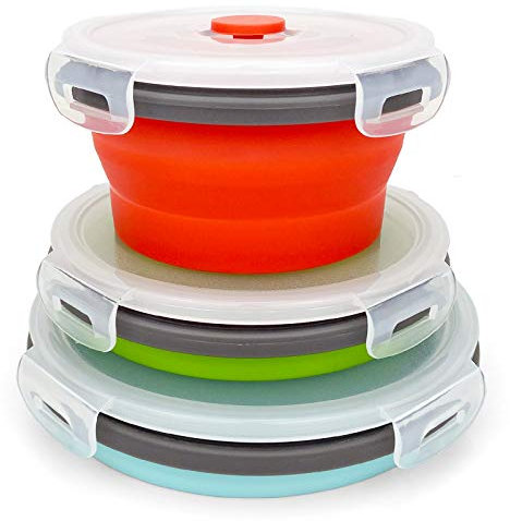 CARTINTS Cuencos redondos plegables con tapas, recipientes de silicona reutilizables para almacenamiento de alimentos, paquete de 3 unidades de 500-800-1200 ml, apilables, ahorro de espacio, apto para
