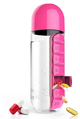 2 in 1 Tragbare Wasserflasche mit Pillenbox Organizer 7 Tage Planer Box Reise Medikamentendosen Behälter für Camping Wandern Radfahren (Rosa)