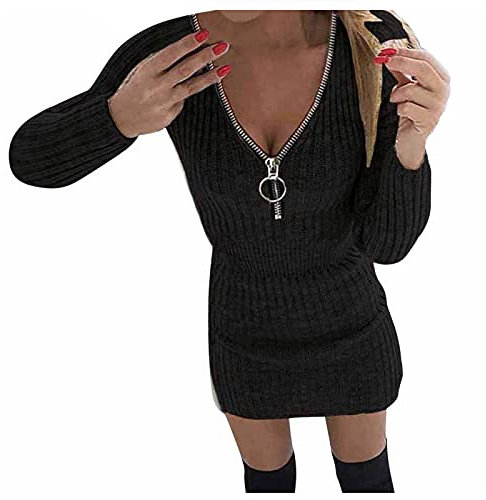 Briskorry Strick Kleid Damen Elegant V-Ausschnitt Langarm Bodycon Hüftrock Hohe Taille Eingewickelt Wickelkleid mit Halber Reißverschluss Business Strickkleid Minikleid