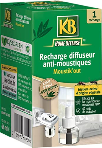 KB HOME DEFENSE KDIFFNATRE Recharge Prise Anti-Moustiques Sans Insecticide à Base d'Huile Eucalyptus - Protège des moustiques tigres pendant 60 nuits - 1 diffuseur pour 1 pièce de 20m²
