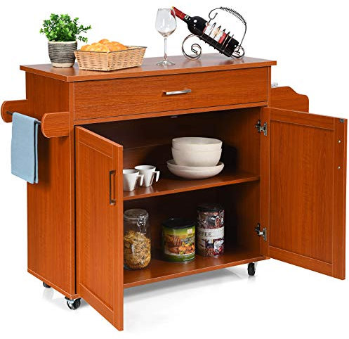 GIANTEX Carrello da Cucina, Credenza Mobile con Cassetto, Anta Doppia, Portaspezie e Portasciugamano, Ripiani Regolabili, Ruote con Freni, Portata di 50 kg, 116x40x85 cm, 4 Colori (marrone)