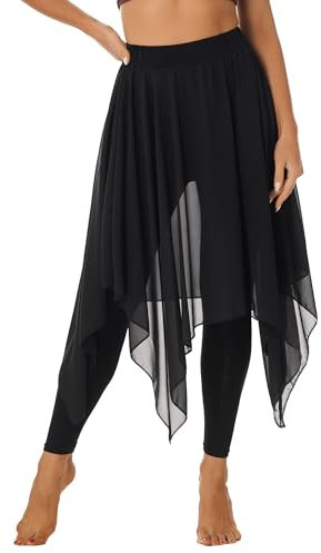 Alvivi Damen Rock Chiffon Hosenrock Asymmetrisch Rock Sommer Ballettrock Tanzrock mit Tight Leggings Ballerina Latein Yoga Gym Dancewear A Schwarz L