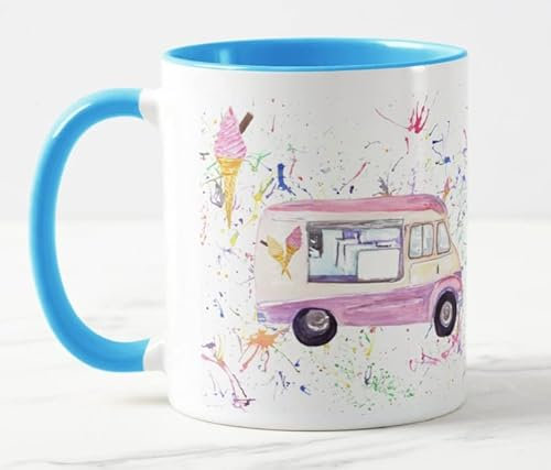 Tasse colorée pour anniversaire, travail, bureau, Noël, thé, café - Motif cabine de plage - Motif crème glacée - Bleu