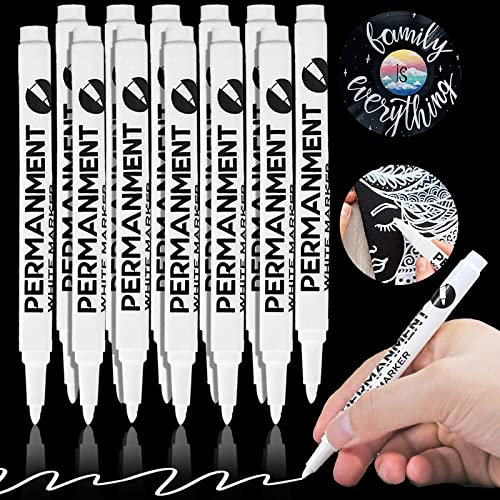 YOUYIKE Weißer Stift, 12 Stück Weiß Acrylstifte, 1mm Spitze Weiß Permanent Marker Wasserfeste Acrylfarben Marker Set für schwarzes Skizzieren, Zeichnen, Holz, Fels, Kunststoff, Leder, Glas