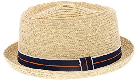 MAGGNA Summer Straw Pork Pie with Striped Band (as8, Alpha, x_l, Blue with Orange Stripe Band)