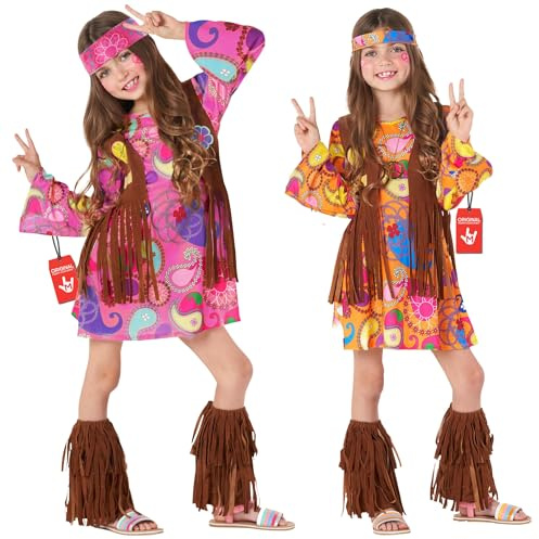 Morph Costume Hippie Bambina, Vestito Figlia dei Fiori Bambina, Abito Anni 70 Carnevale Bambine