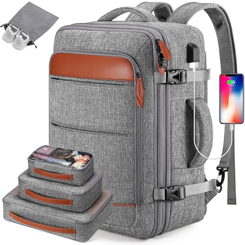 Bagsure Travel Backpack, 42L Carry on Luggage, Flight Approved Expandable Backpack, Laptop Backpack, Grey-brown (Backpack With 4 Packing Cubes), L, Travel