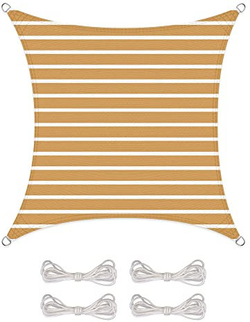CelinaSun Sonnensegel inkl Befestigungsseile Basic Quadrat 3 x 3 m Streifen sandbeige weiß Sonnenschutz atmungsaktiv