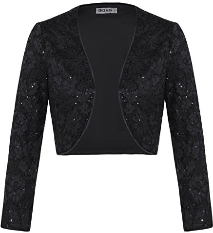 GRACE KARIN Damen Pailletten Bolero Glanzvoll Disco Langarm Funkelndes Kurzes Strickjacke Schwarz L