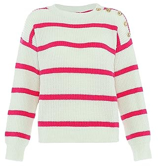 faina Women's Nascita Damen Strickpullover mit kontrastierenden Streifen an der Schulter und Knöpfen Acryl WOLLWEISS PINK Größe XL/XXL Pullover Sweater